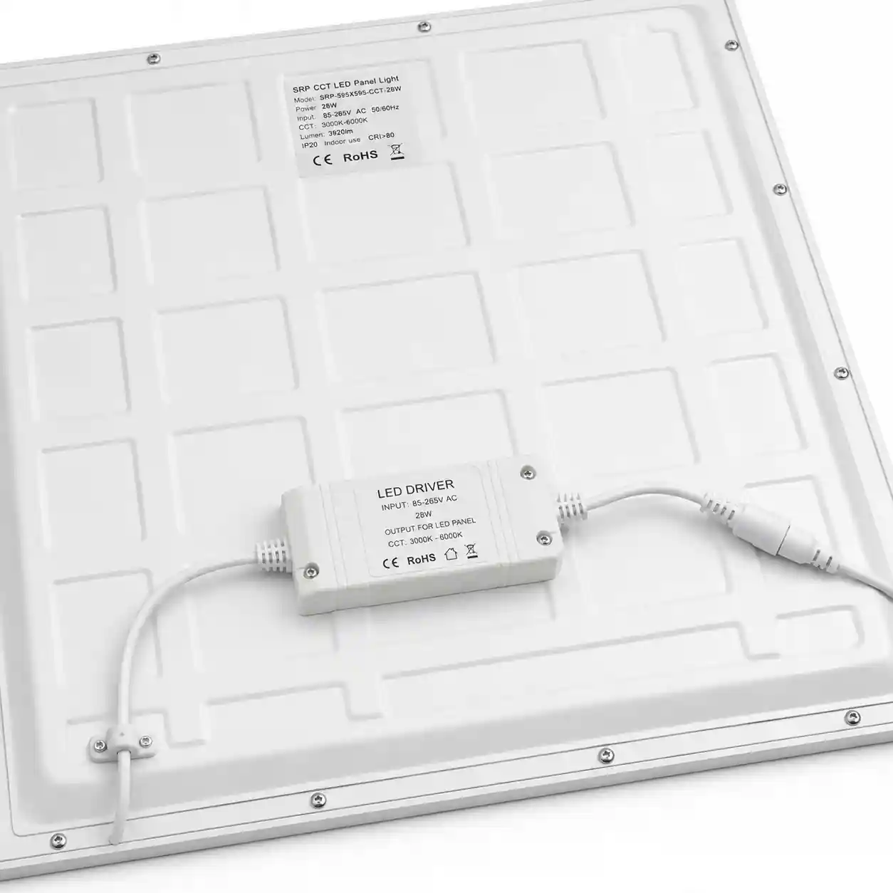 Zadní strana LED panelu SRP 28W 60x60cm bílý rám — driver, napájení 85-265V AC, LED čip Tsong